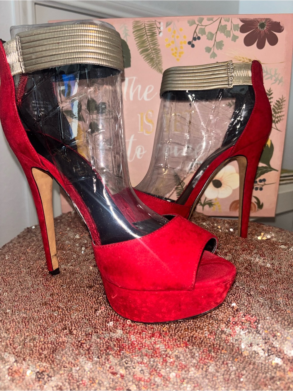 Aldo Red Suede Platform Peep-Toe Heels with Gold Ankle Detail